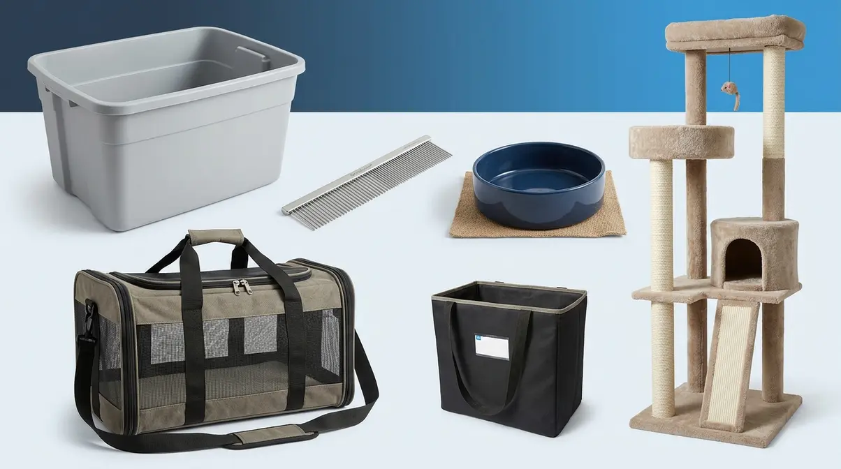 Maine Coon care accessories including oversized litter box grooming comb and large cat tree