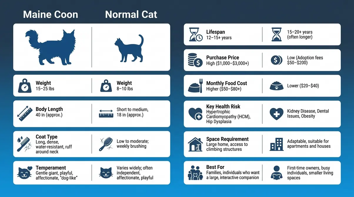 Maine Coon vs normal cat feature matrix infographic showing size weight and care differences