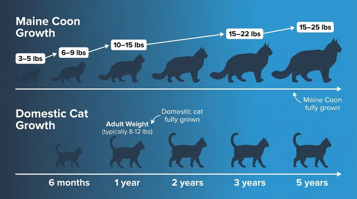 Maine Coon growth timeline compared to normal domestic cat from kitten to adult