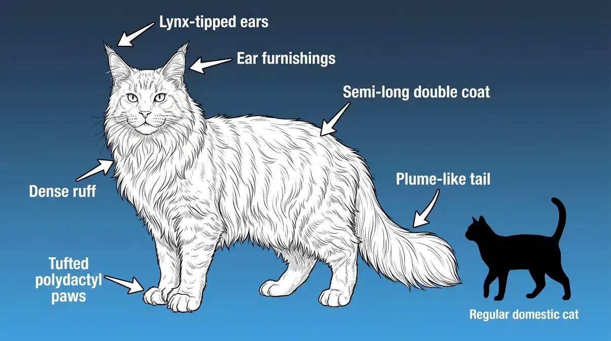 Maine Coon physical features labeled diagram showing ears paws tail and coat differences from normal cat