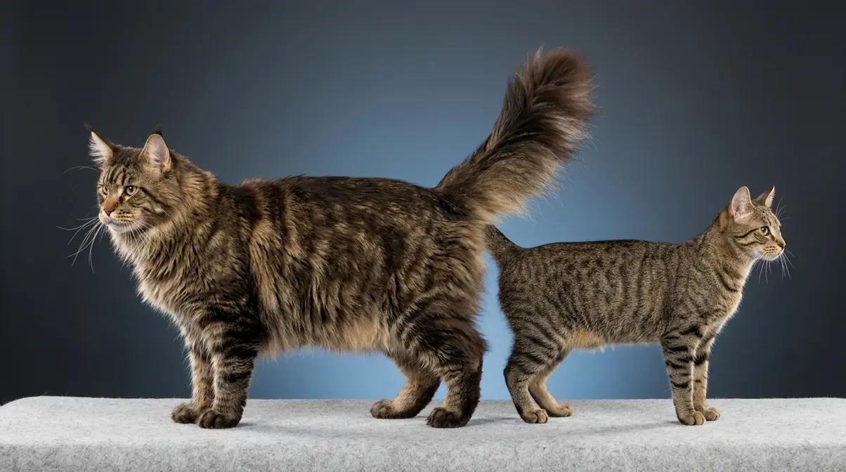 Maine Coon and domestic shorthair cat standing side by side showing size and coat differences