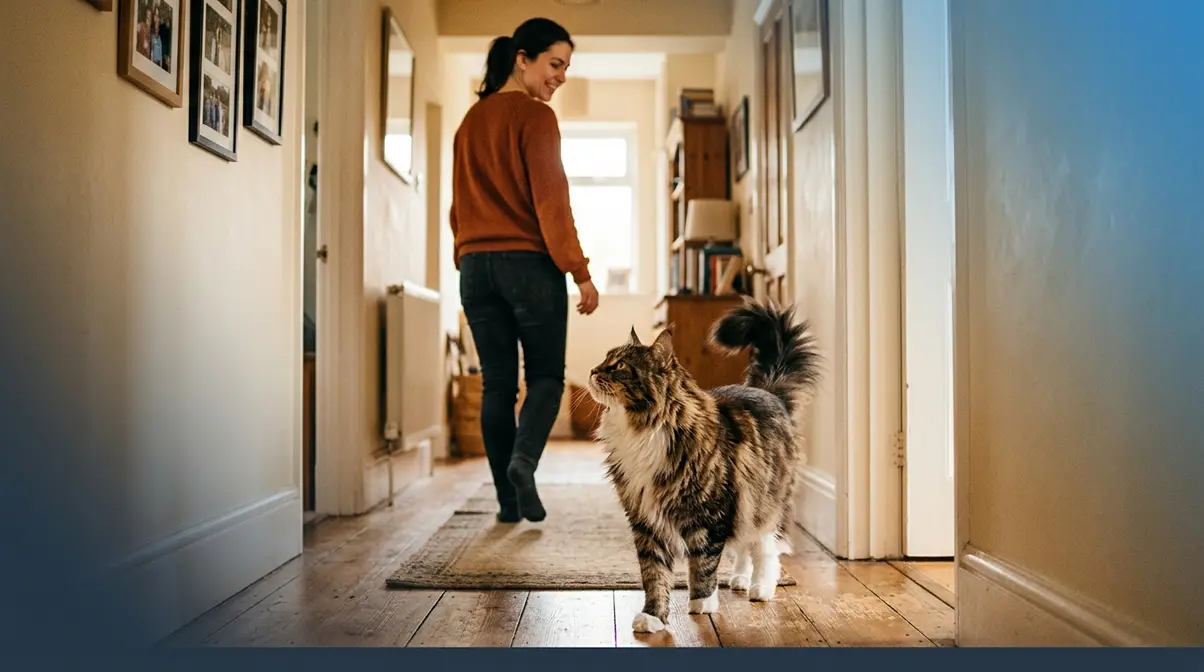 Maine Coon cat following owner through home displaying dog-like loyal temperament