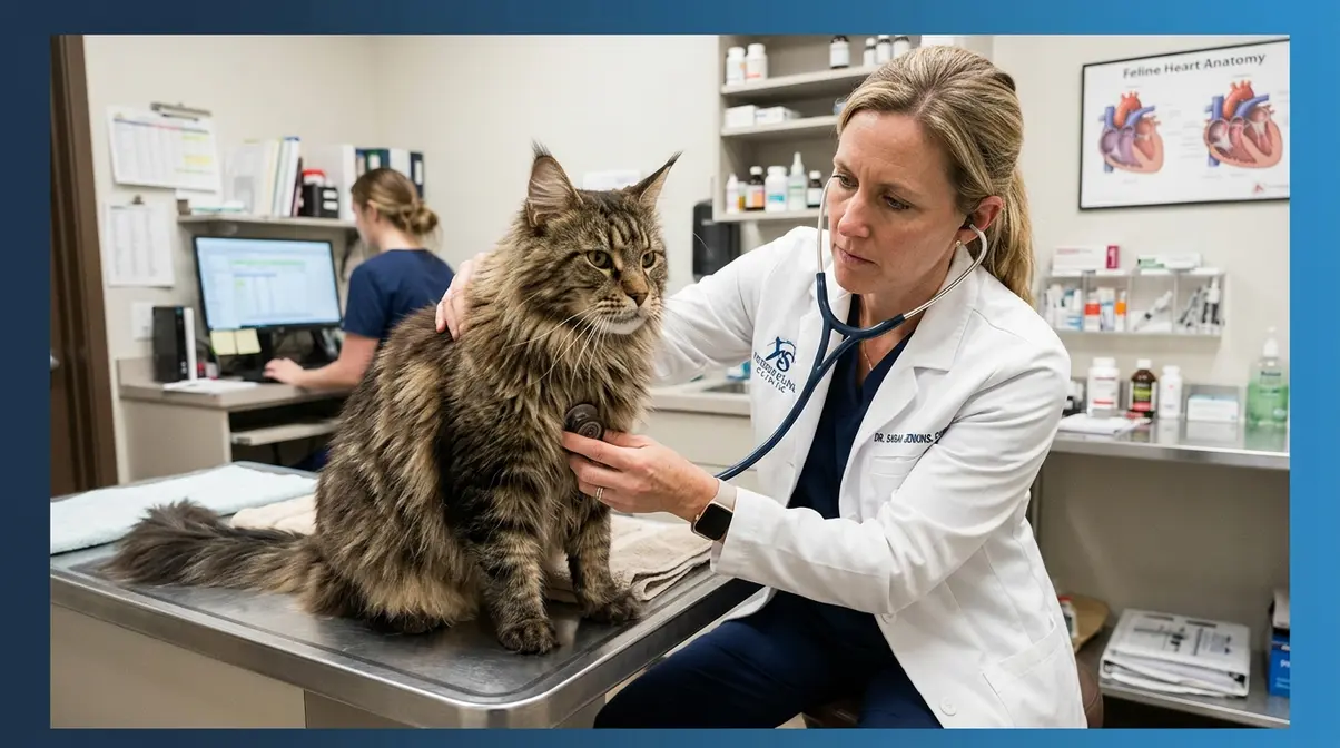 Veterinarian performing cardiac examination on Maine Coon cat for HCM health screening