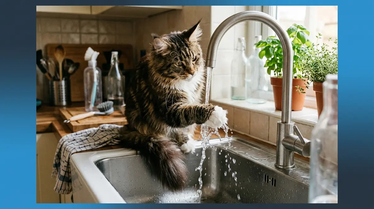 Maine Coon cat playing with running tap water showing characteristic water fascination behavior