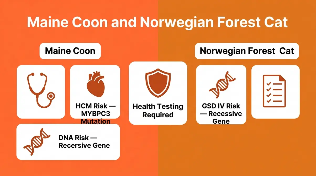 Maine Coon HCM heart risk and Norwegian Forest Cat GSD IV genetic risk health comparison illustration