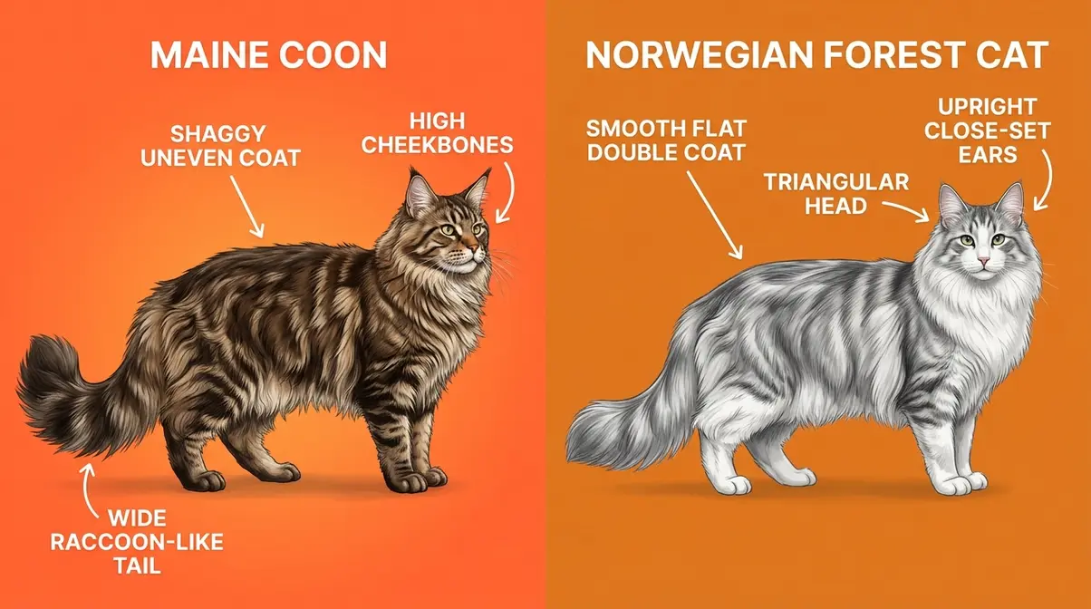Maine Coon vs Norwegian Forest Cat physical differences with annotated body features and coat comparison