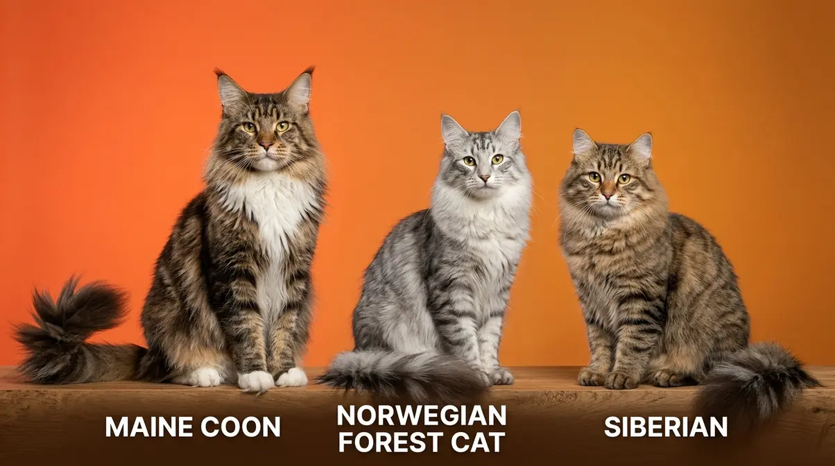 Maine Coon, Norwegian Forest Cat, and Siberian cat side-by-side comparison showing size and coat differences