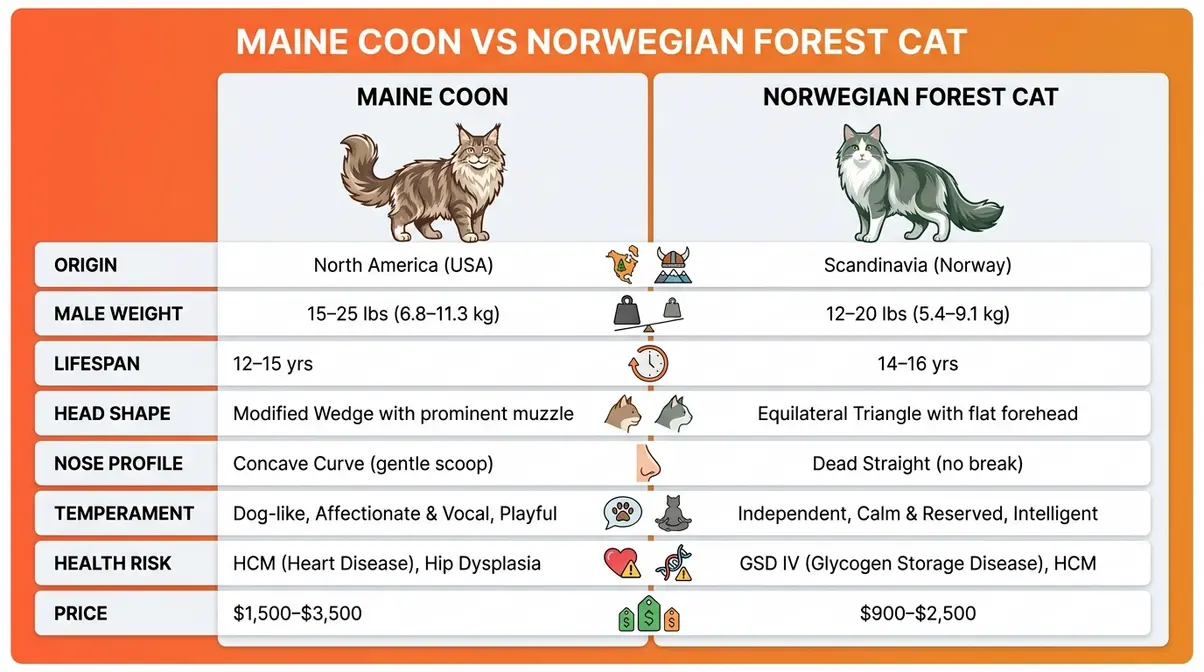 Maine Coon vs Norwegian Forest Cat comparison infographic showing size, weight, origin, and temperament differences