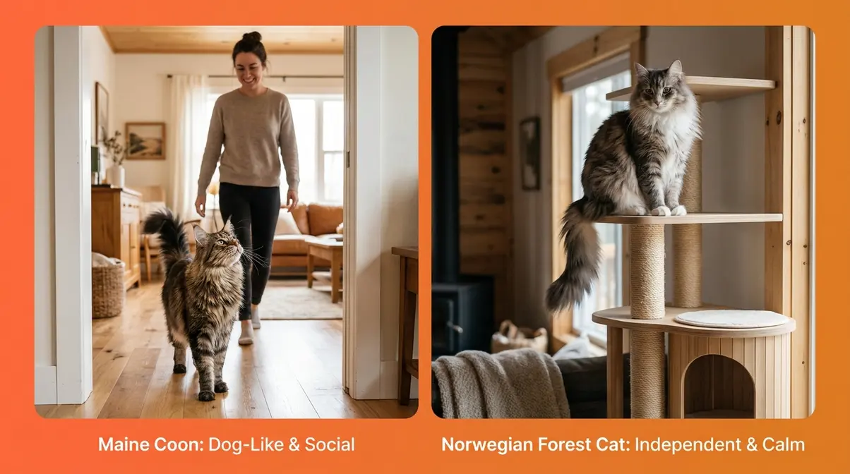 Maine Coon following owner versus Norwegian Forest Cat watching independently from perch showing personality differences