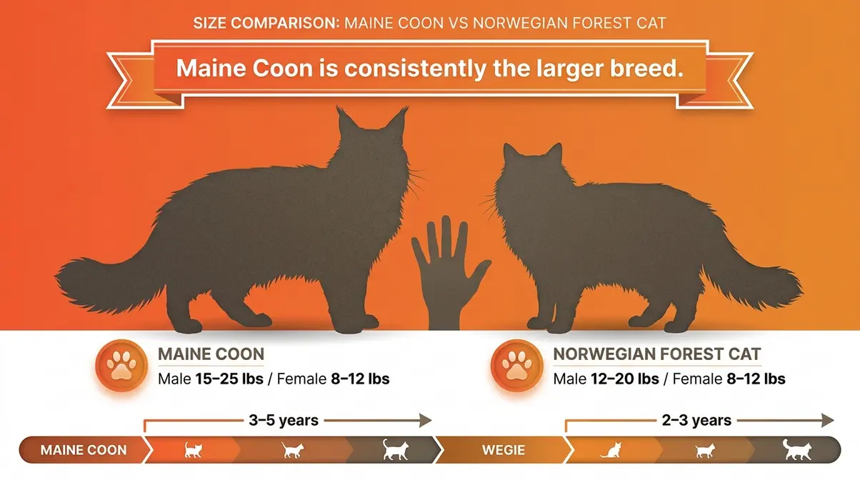 Maine Coon vs Norwegian Forest Cat size and weight comparison infographic showing breed measurements side by side