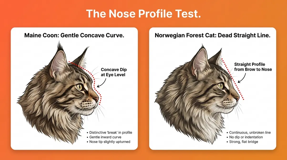 Annotated side-profile diagram comparing Maine Coon curved nose vs Norwegian Forest Cat straight nose profile for breed identification