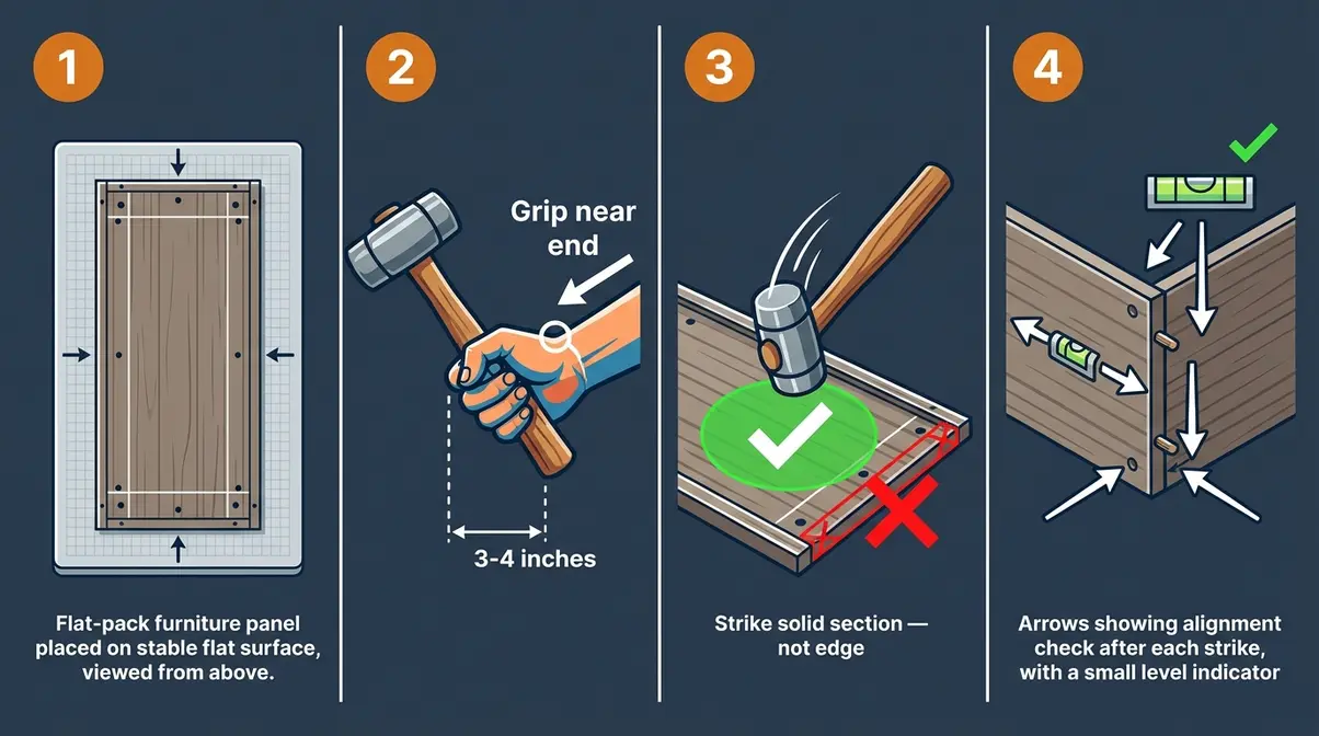 Step-by-step rubber mallet furniture assembly technique showing correct hand position and strike zone on panel