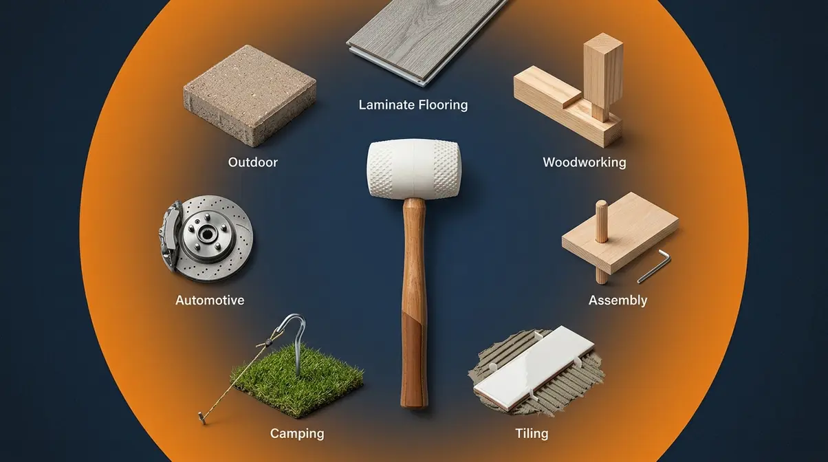 Seven rubber mallet applications including flooring, woodworking, furniture assembly, tiling, and camping arranged around central mallet