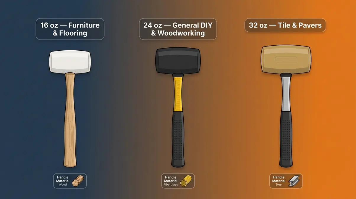 Rubber mallet buyer's guide comparison showing white 16oz, black 24oz, and polyurethane 32oz mallets for different tasks
