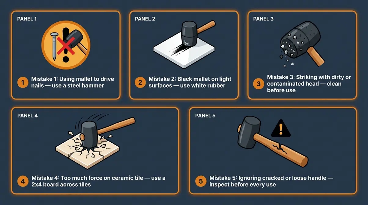 Common rubber mallet mistakes infographic covering five errors including driving nails, black mallet on light surfaces, and cracked handles