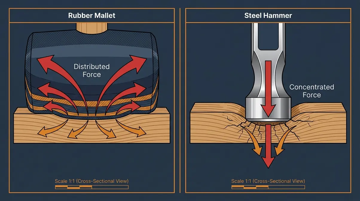 Cross-section diagram comparing rubber mallet force distribution versus concentrated steel hammer impact on wood