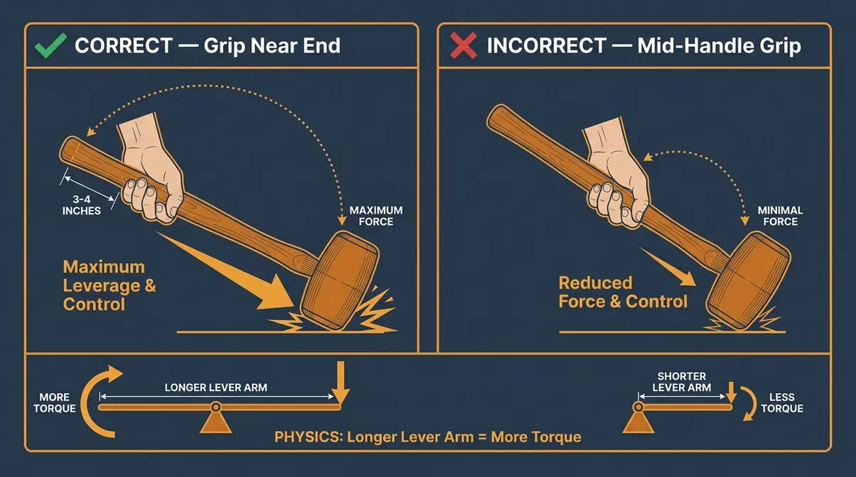 Rubber mallet grip technique diagram comparing correct end-of-handle position versus incorrect mid-handle grip for controlled force