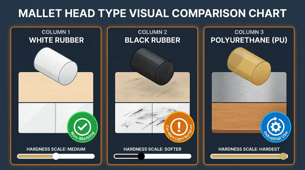 Rubber mallet head material comparison showing white non-marking versus black and polyurethane marking results on light surfaces