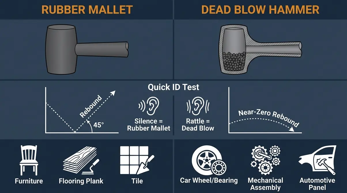 Rubber mallet versus dead blow hammer diagram showing internal construction cross-section and rebound arc differences