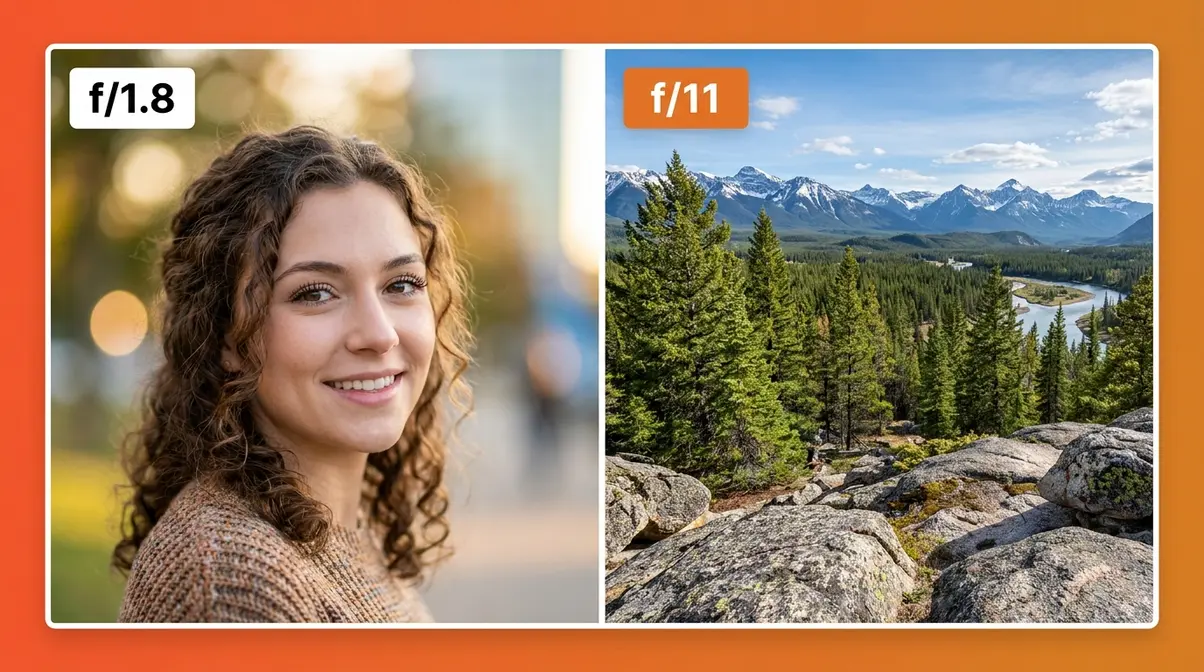 Aperture depth of field comparison showing blurry background at f/1.8 versus sharp landscape at f/11