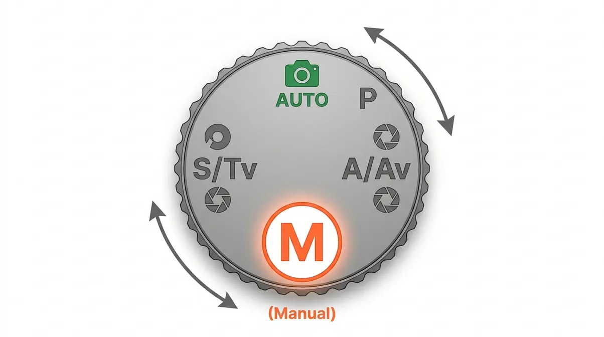 Camera mode dial diagram showing P, A/Av, S/Tv, M, and Auto positions with M highlighted