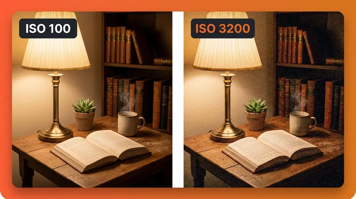ISO noise comparison showing clean ISO 100 image versus grainy ISO 3200 indoor scene