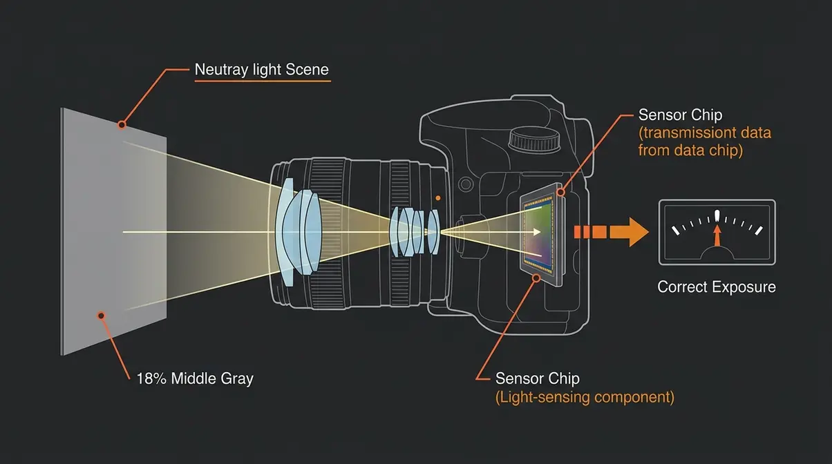 Diagram showing how a camera light meter reads scene brightness and calibrates to 18% middle gray reference