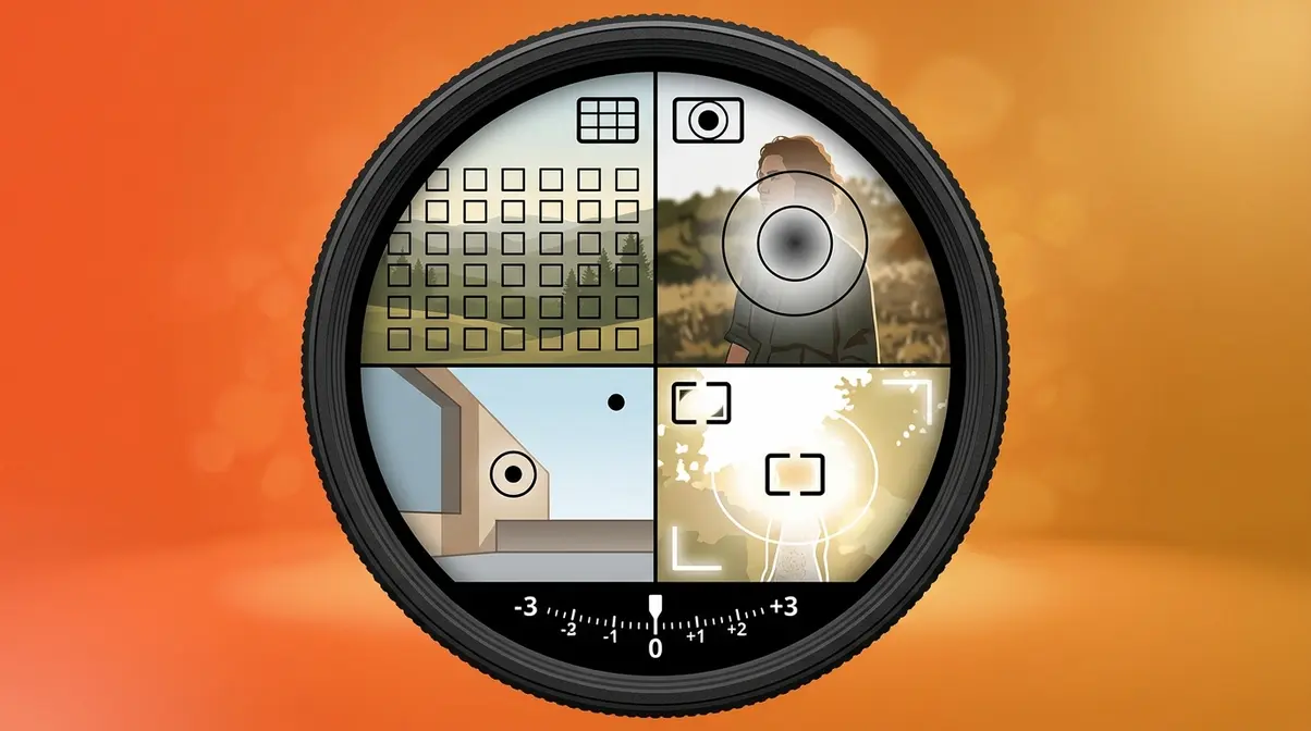 Camera viewfinder showing four metering mode zone diagrams — matrix, center-weighted, spot, and highlight-weighted