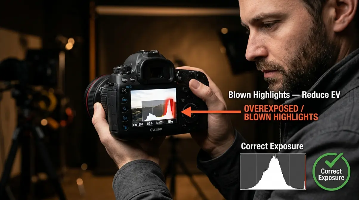 Photographer checking camera histogram to troubleshoot overexposed blown highlights in metering mode exposure