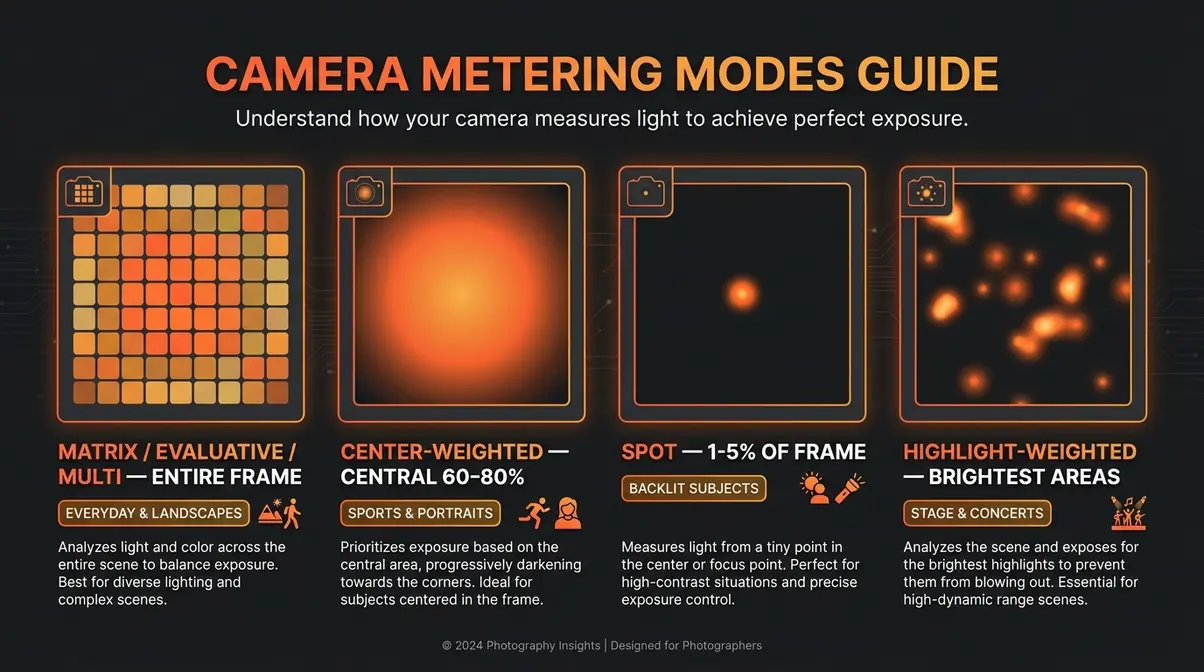 Infographic comparing four camera metering modes — matrix, center-weighted, spot, and highlight-weighted with sensor zone diagrams