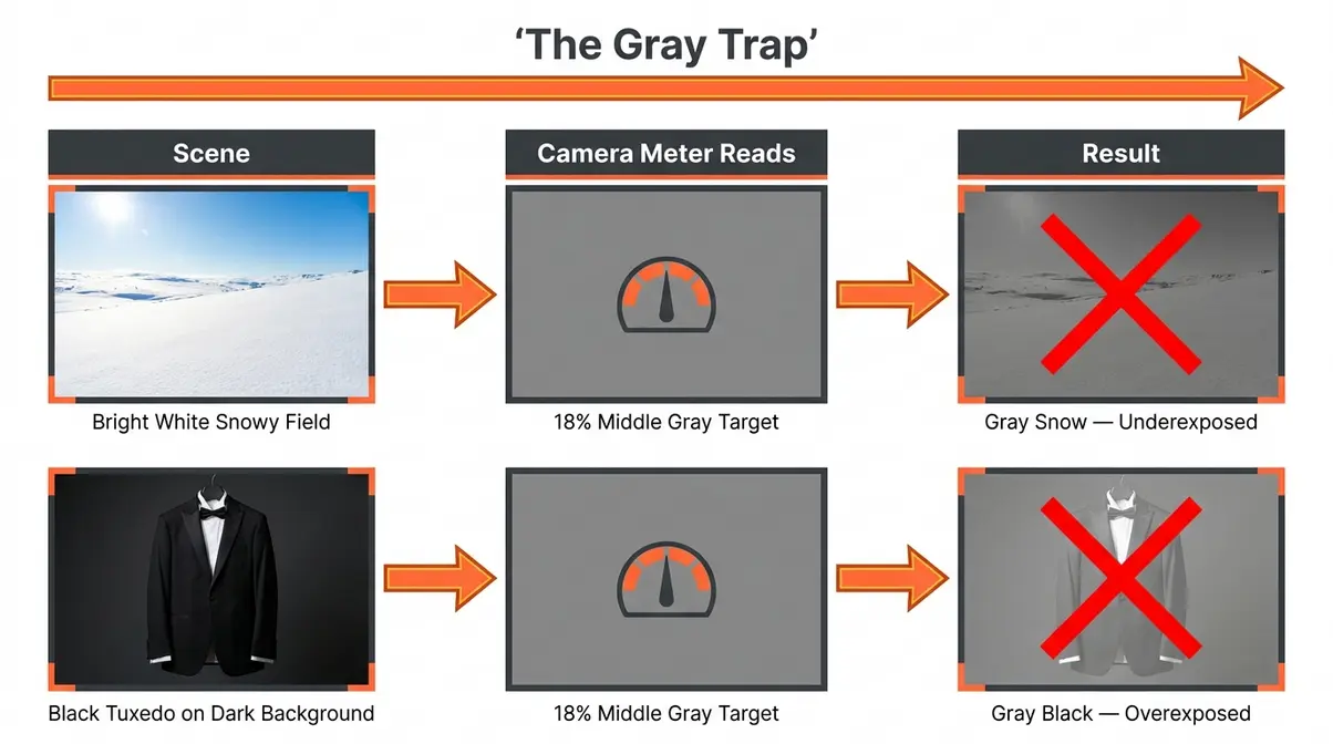 Diagram showing The Gray Trap — camera meter pushing bright snow and dark tuxedo scenes toward 18% middle gray