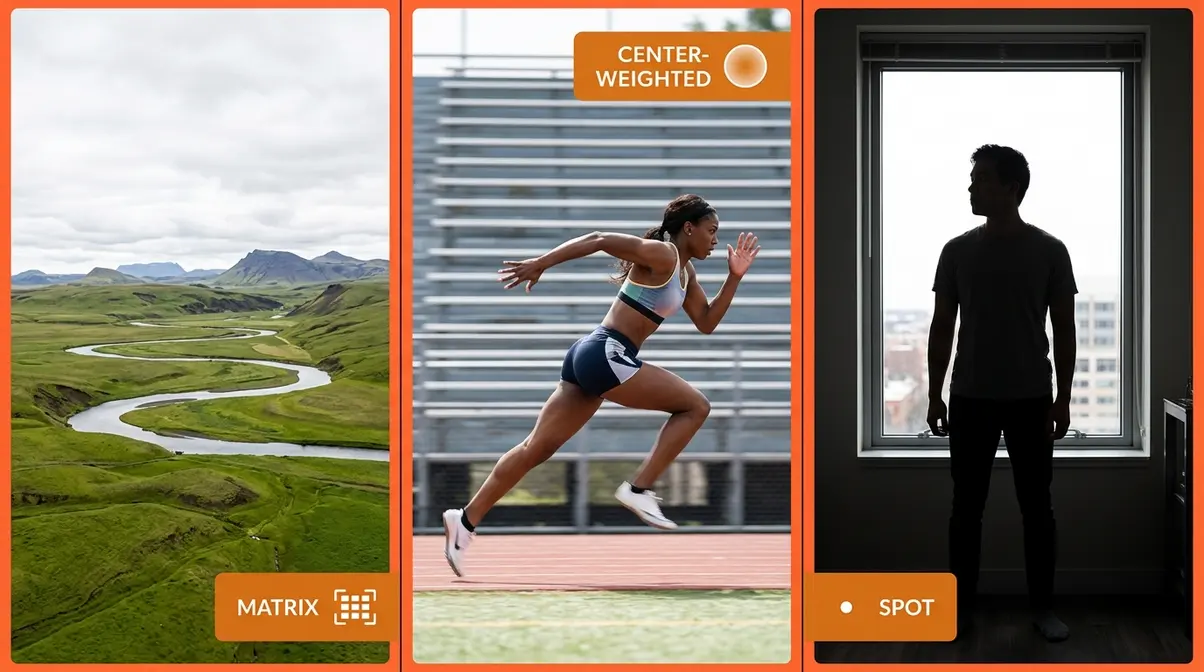 Three photography scenarios showing when to use matrix, center-weighted, and spot metering modes