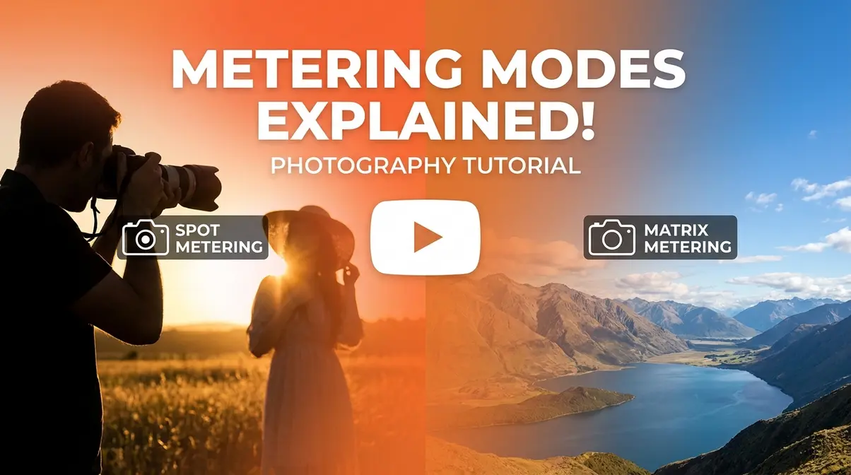 Metering modes tutorial video thumbnail showing spot and matrix metering demonstrated in real shooting scenarios
