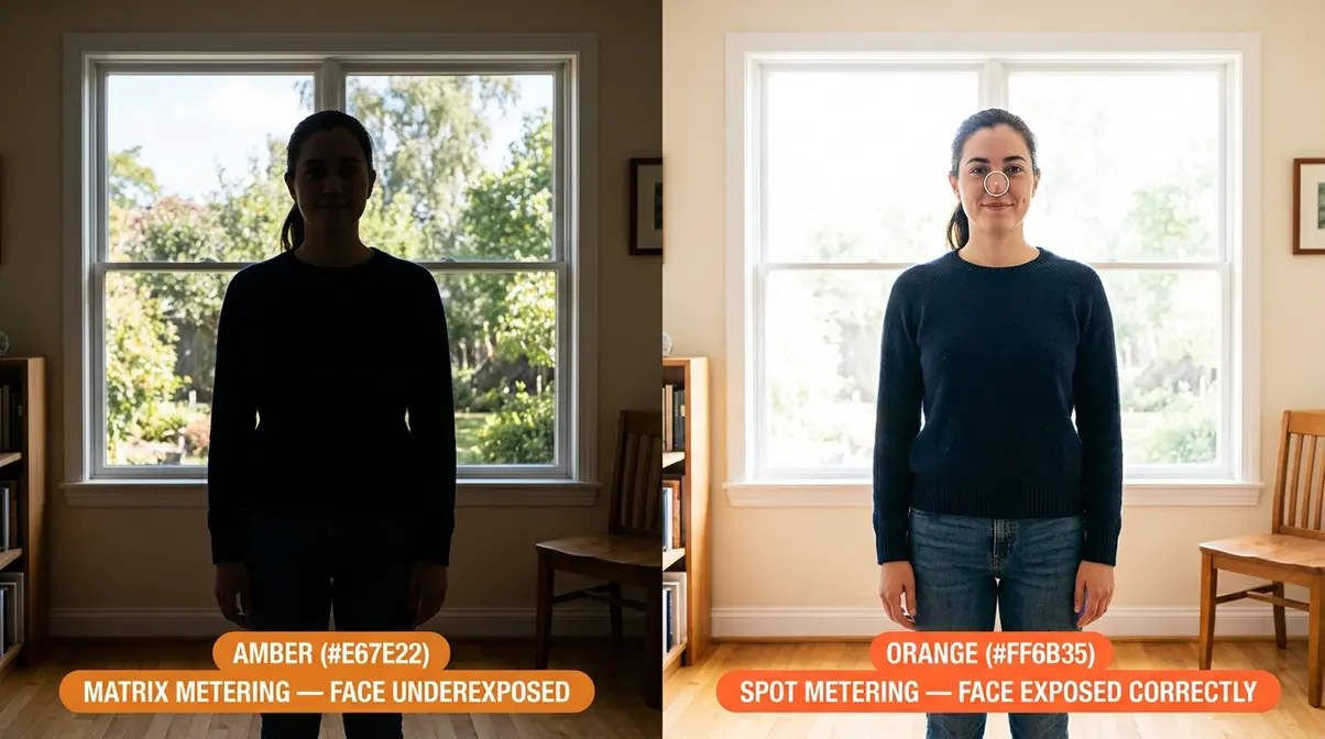 Spot metering versus matrix metering comparison for backlit portrait subject in front of bright window