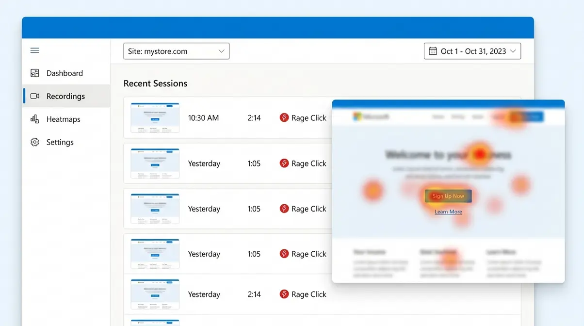 Microsoft Clarity dashboard showing heatmap and session recording interface for user behaviour analysis