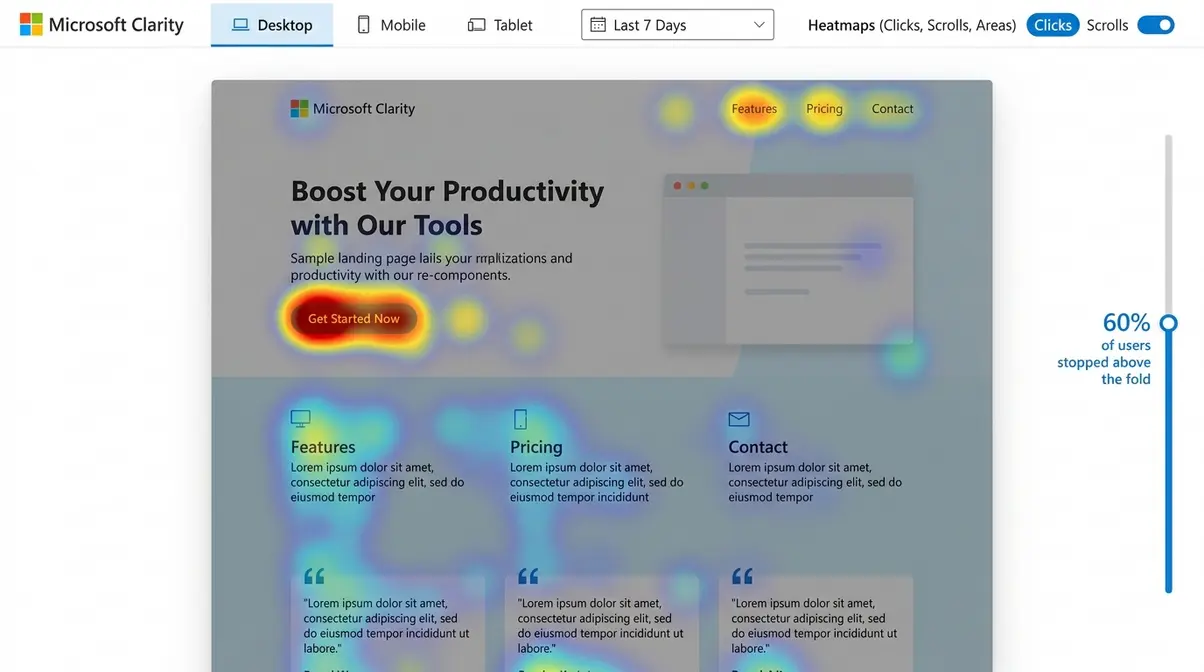Microsoft Clarity heatmap showing hot zones and click patterns on a webpage for CRO analysis