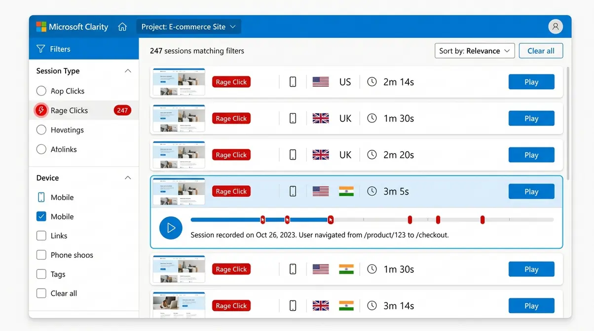 Microsoft Clarity session recording dashboard filtered by rage clicks showing user frustration patterns