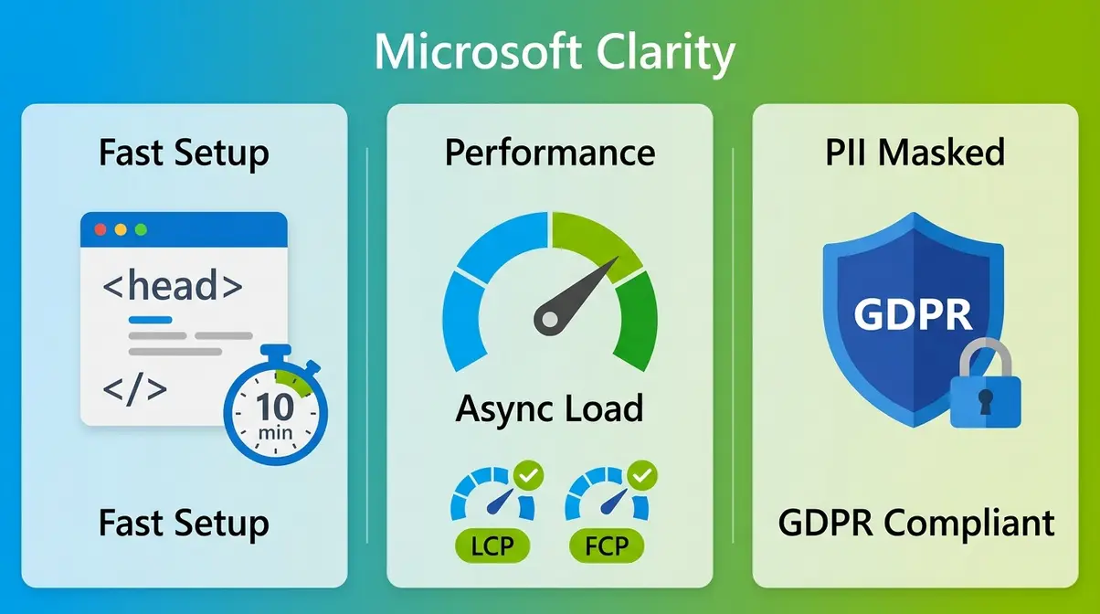 Microsoft Clarity setup process, site performance impact, and GDPR compliance illustrated in three panels