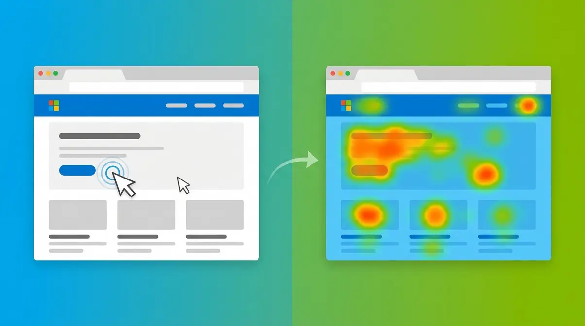 Illustration showing how Microsoft Clarity transforms user behaviour into heatmap visual analytics data