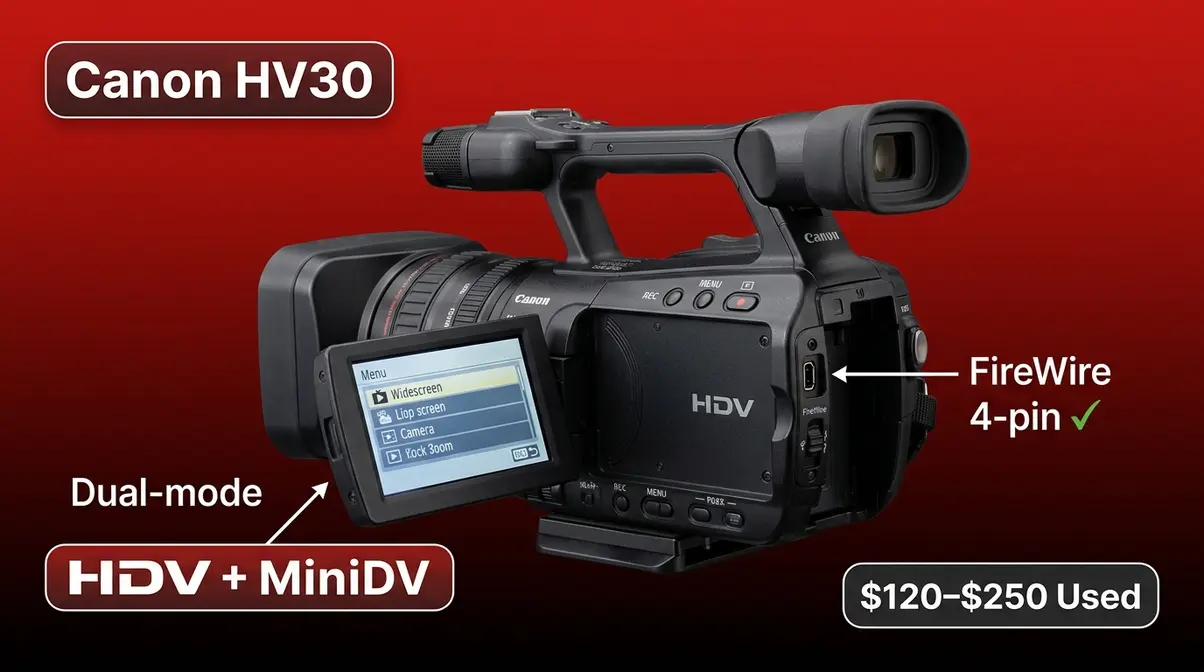 Canon HV30 HDV camcorder with manual lens controls and FireWire port for MiniDV playback