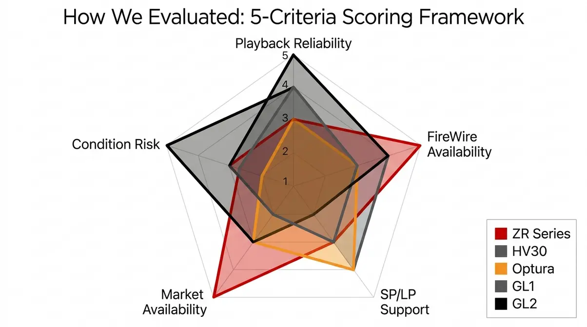Canon MiniDV camcorder evaluation radar chart comparing ZR series HV30 Optura GL1 GL2 criteria scores