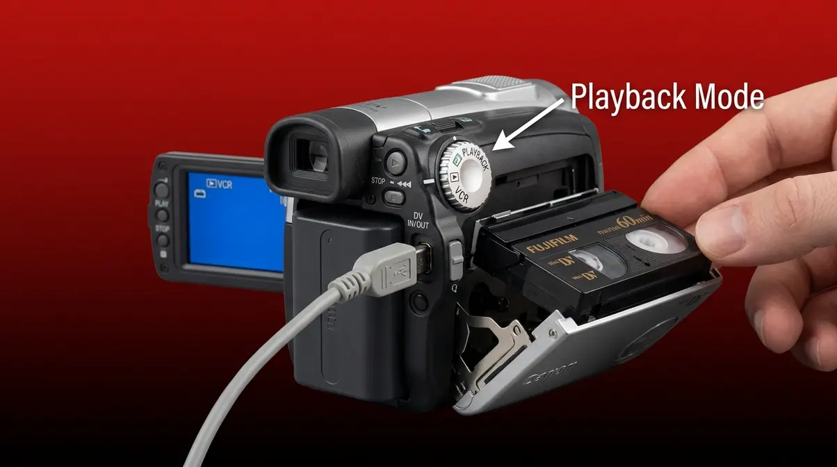 Canon MiniDV camcorder in VCR playback mode with tape inserted and FireWire cable connected