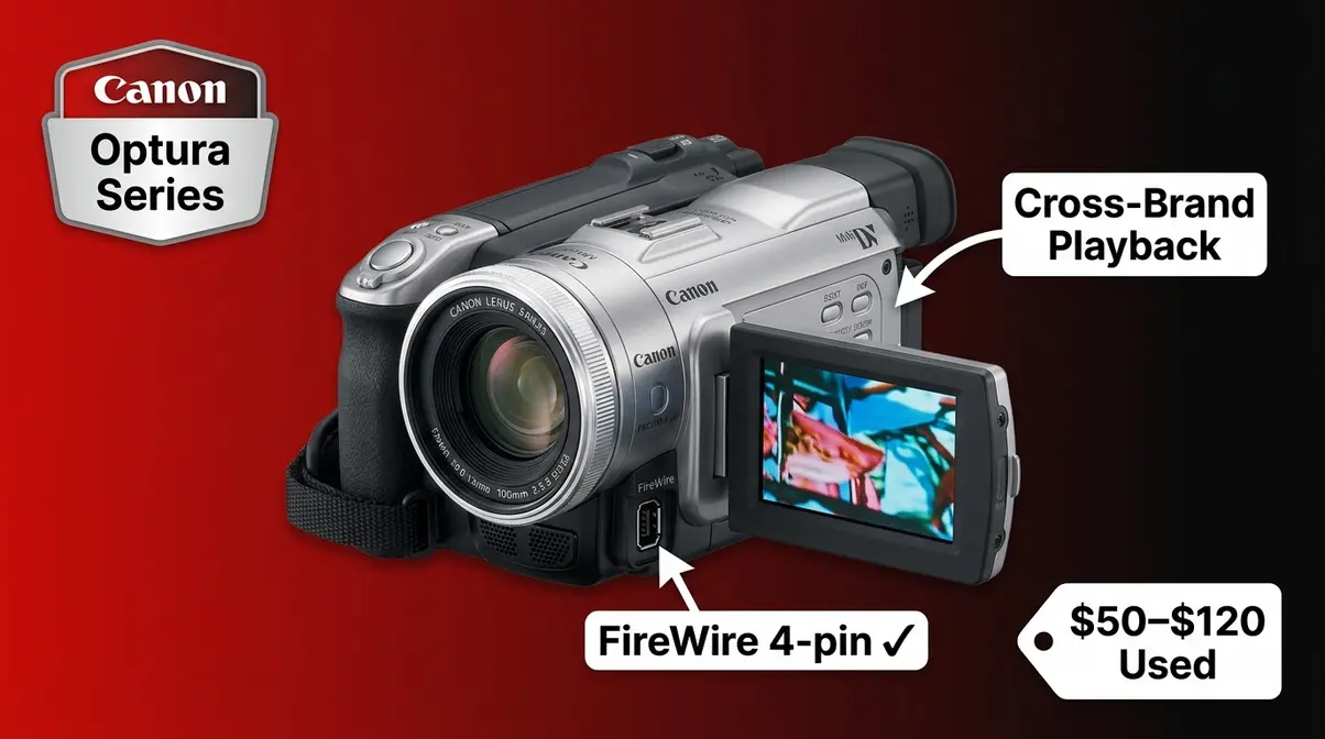 Canon Optura Series MiniDV camcorder with larger lens and FireWire port for cross-brand tape playback