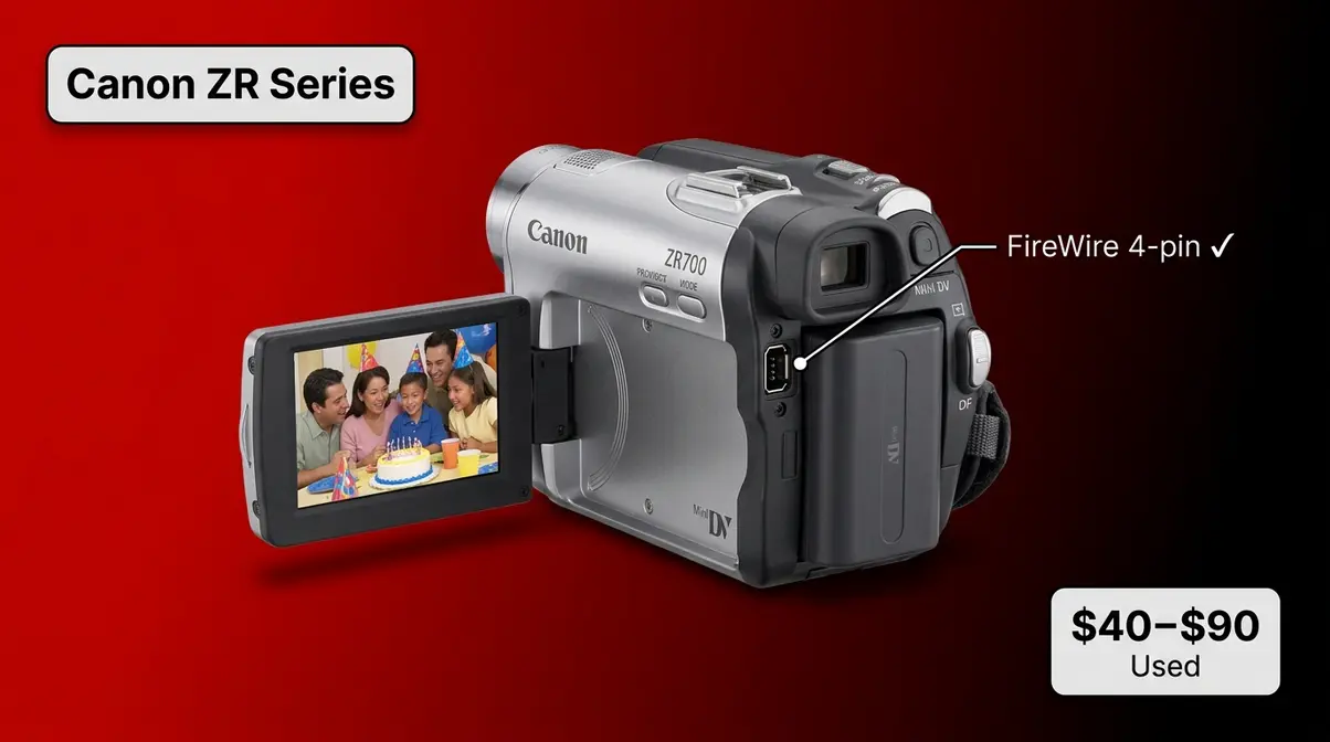 Canon ZR Series MiniDV camcorder with flip LCD screen and FireWire port for tape playback