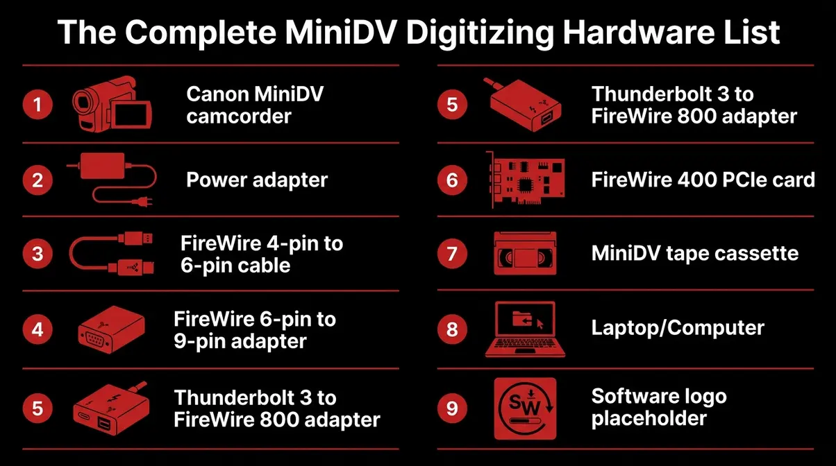 MiniDV digitizing hardware checklist showing FireWire cable adapter chain components for Canon camcorder