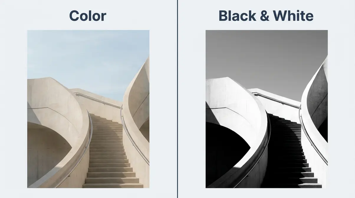 Minimalist photography black and white versus color comparison showing increased graphic impact
