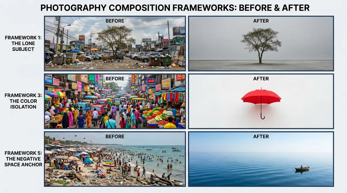 Before-and-after minimalist photography composition examples showing cluttered versus simplified frames