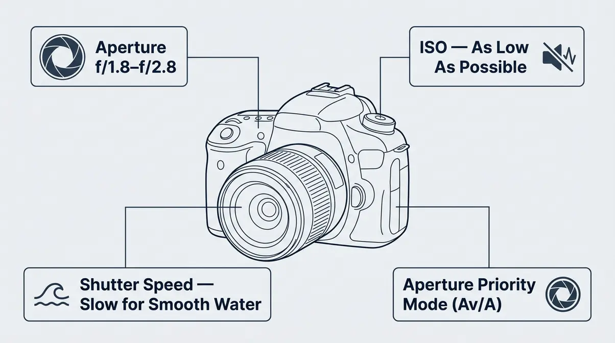 Camera settings diagram for minimalist photography showing aperture, ISO, shutter speed, and shooting mode