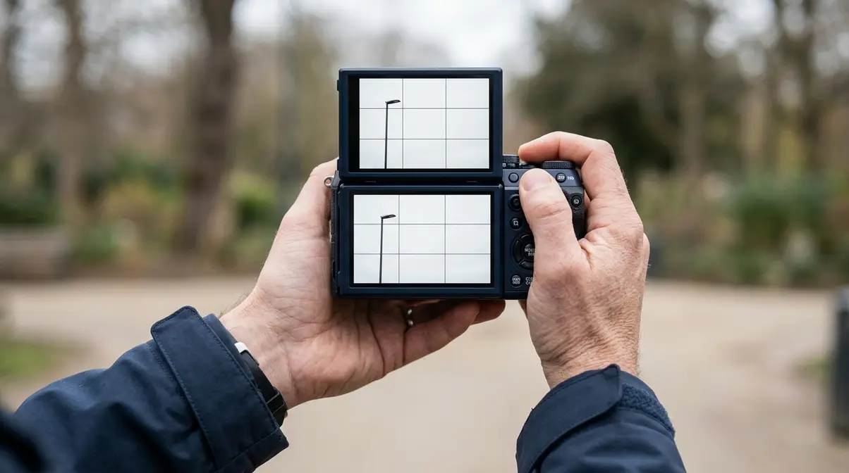 Photographer using rule of thirds grid to compose a minimalist photography shot of a lone lamp post