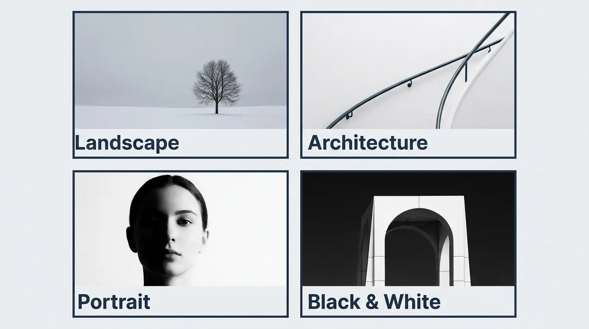 Four minimalist photography genres overview showing landscape, architecture, portrait, and black and white examples